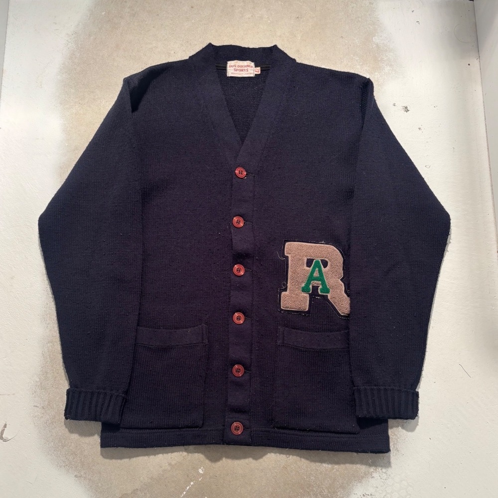 Vintage Gus Doerner Sports Letterman Cardigan Navy Blue Varsity Sweater Size 42